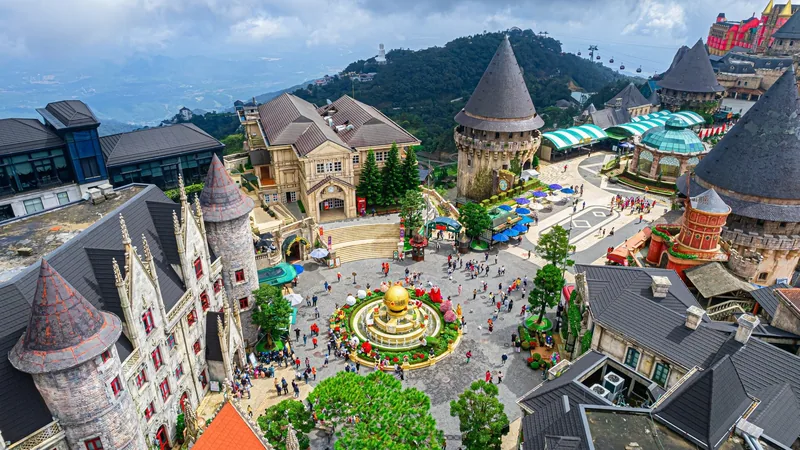 European-style castles and towers surround a plaza with a fountain at Ba Na Hills mountain resort in Da Nang. European-style castles and towers surround a plaza with a fountain at Ba Na Hills mountain resort in Da Nang.